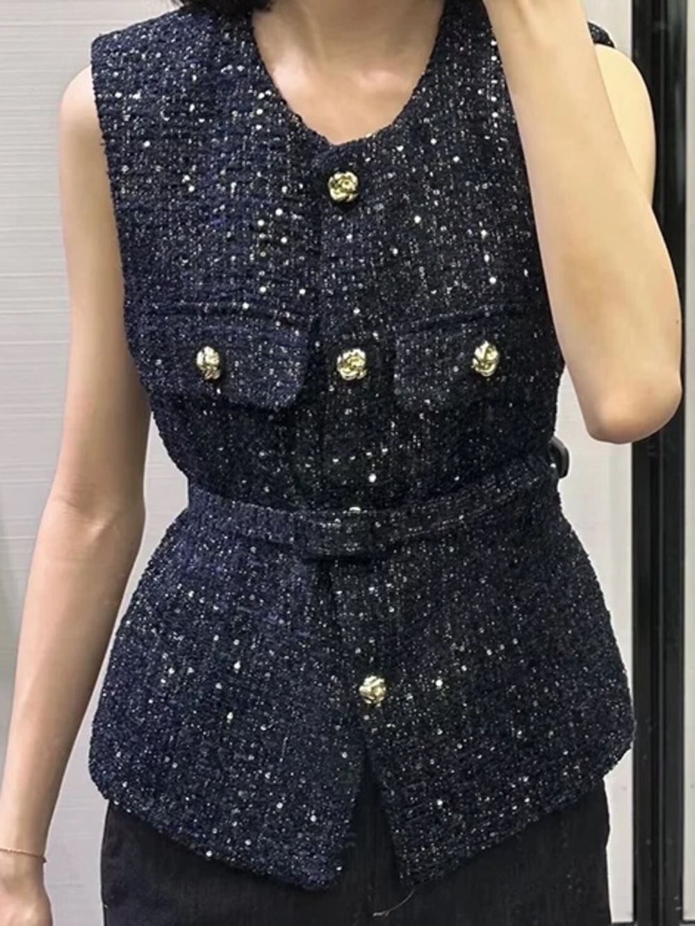 SOLD OUT Zara TWEED BELTED SEQUIN STRUCTURED VEST Navy Blue
